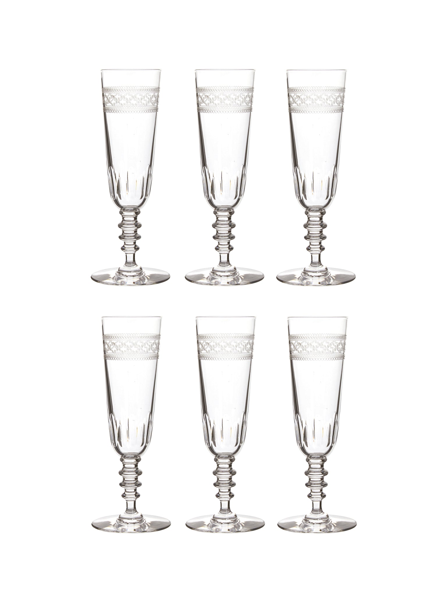 Vintage 1920s French Crystal Engraved Champagne Flutes Set of Six Weston Table