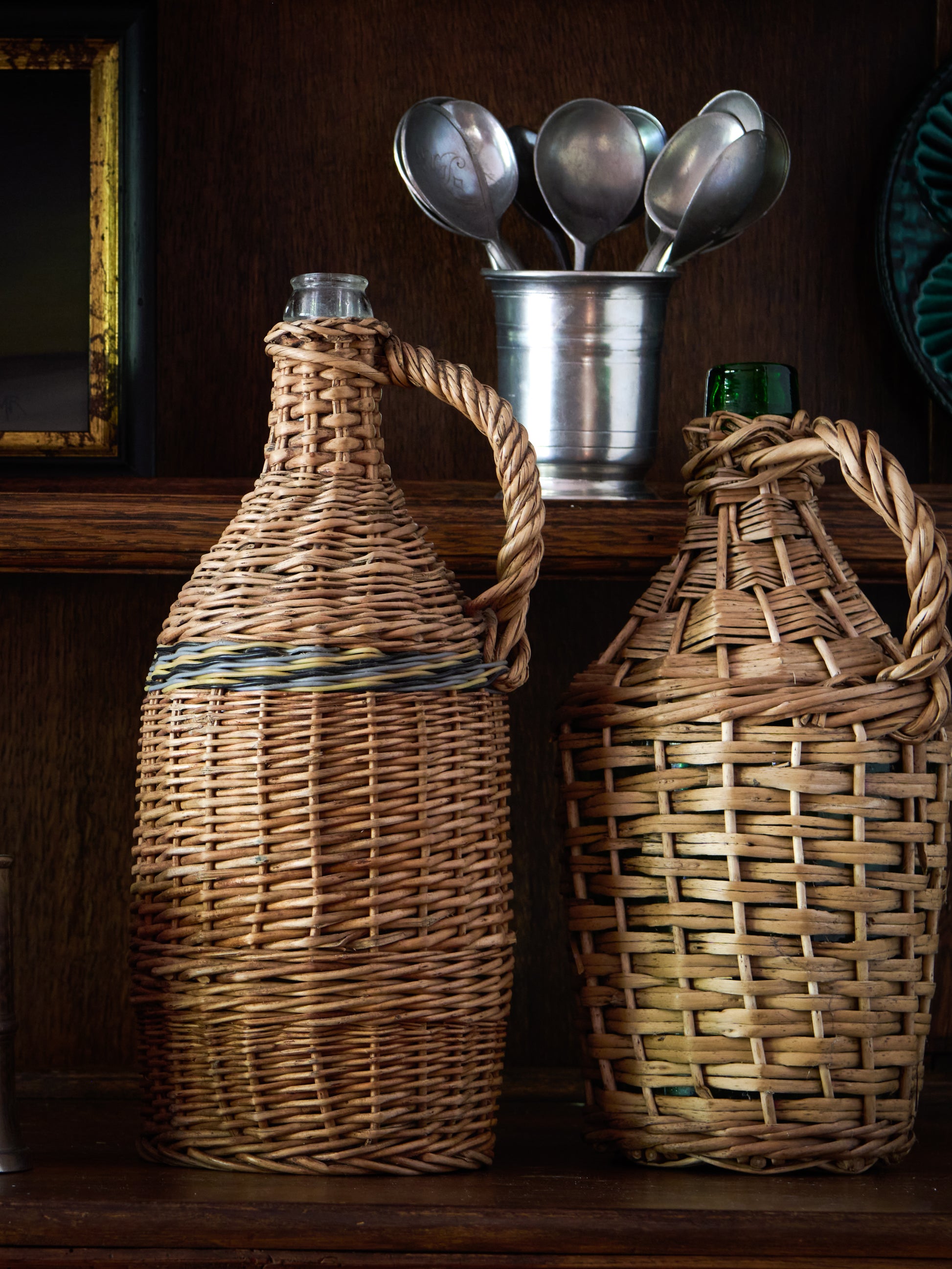 Vintage 1920s French Striped Rattan Wrapped Wine Bottle Weston Table