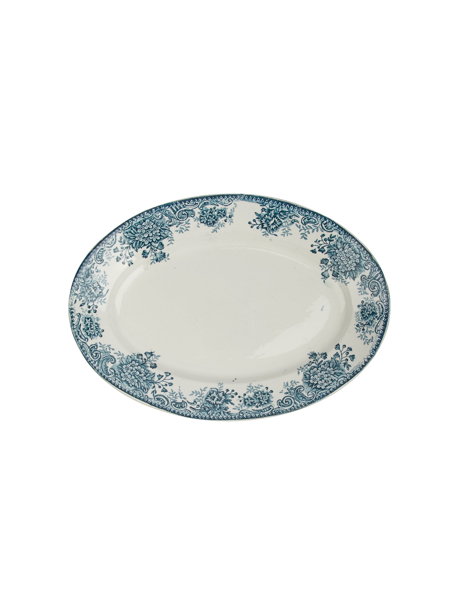 Vintage 1920s French Teal Floral  Ironstone Transferware Oval Plate Weston Table