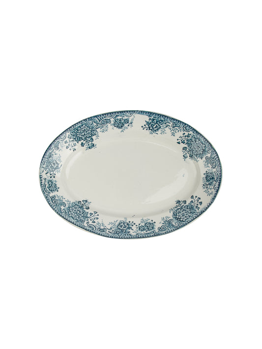 Vintage 1920s French Teal Floral  Ironstone Transferware Oval Plate Weston Table