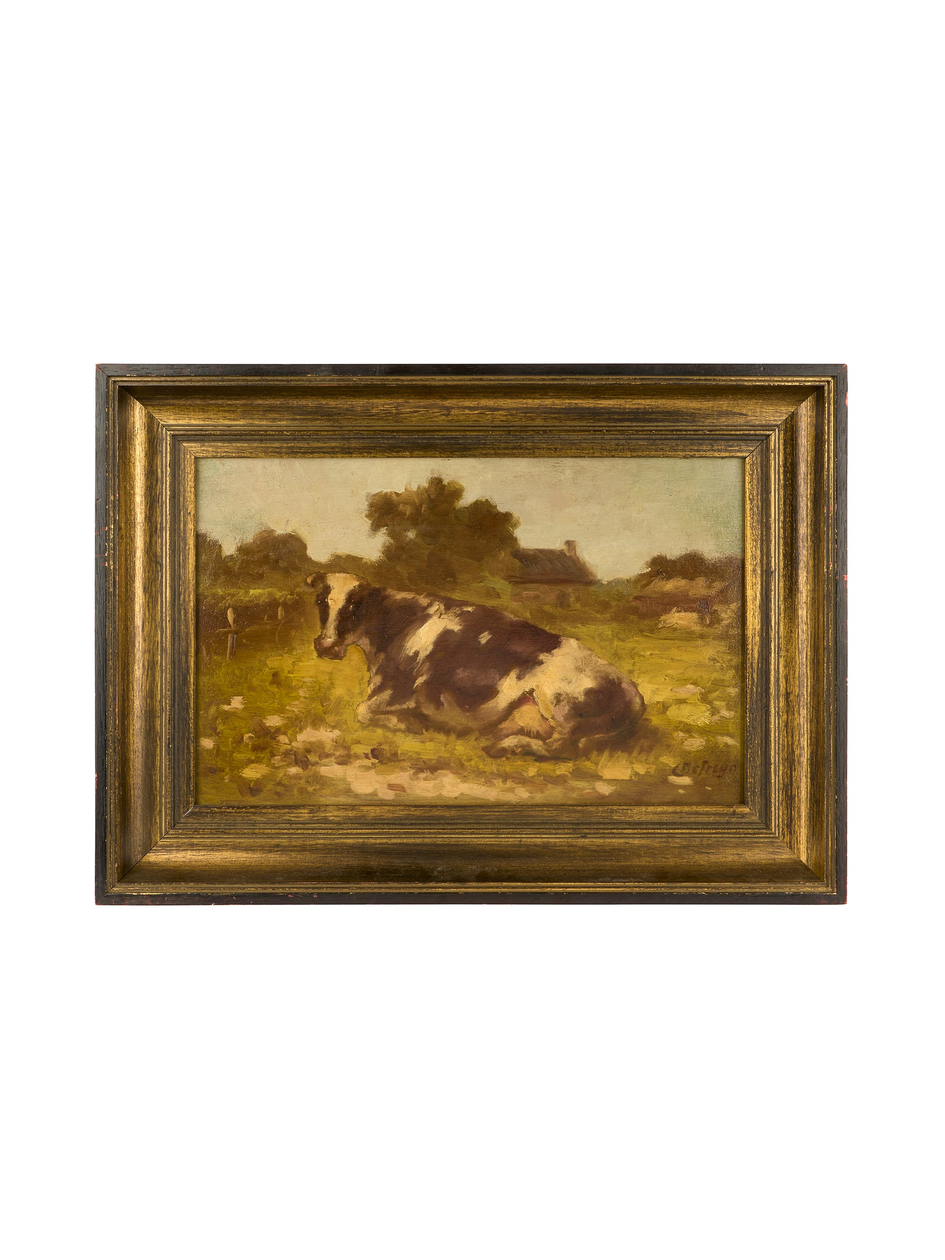 Vintage 1920s Friesian Cow Oil on Wood Painting Weston Table