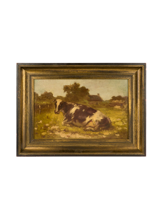 Vintage 1920s Friesian Cow Oil on Wood Painting Weston Table