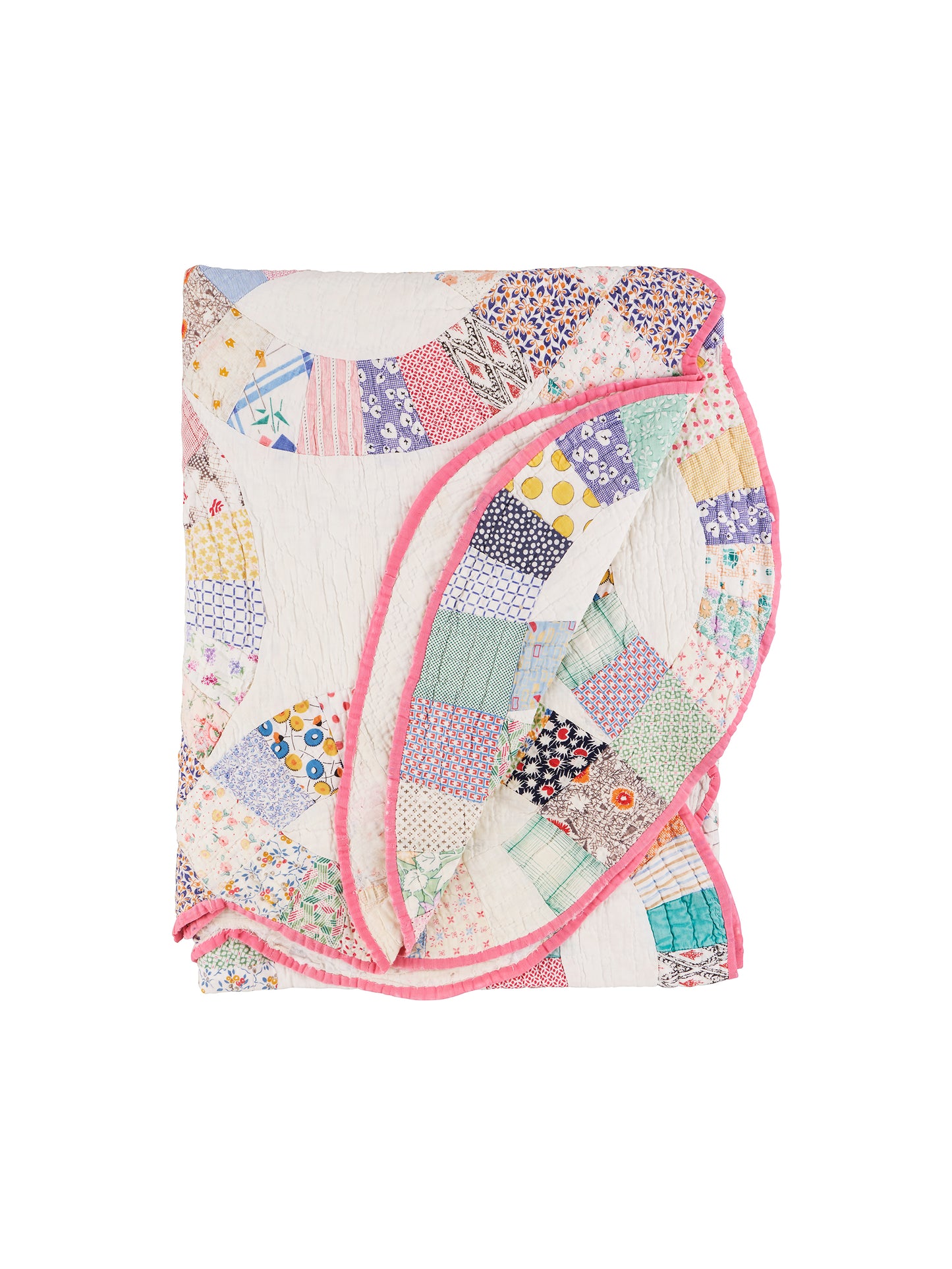 Vintage 1920s Pink Trimmed Double Wedding Ring Quilt Weston Table