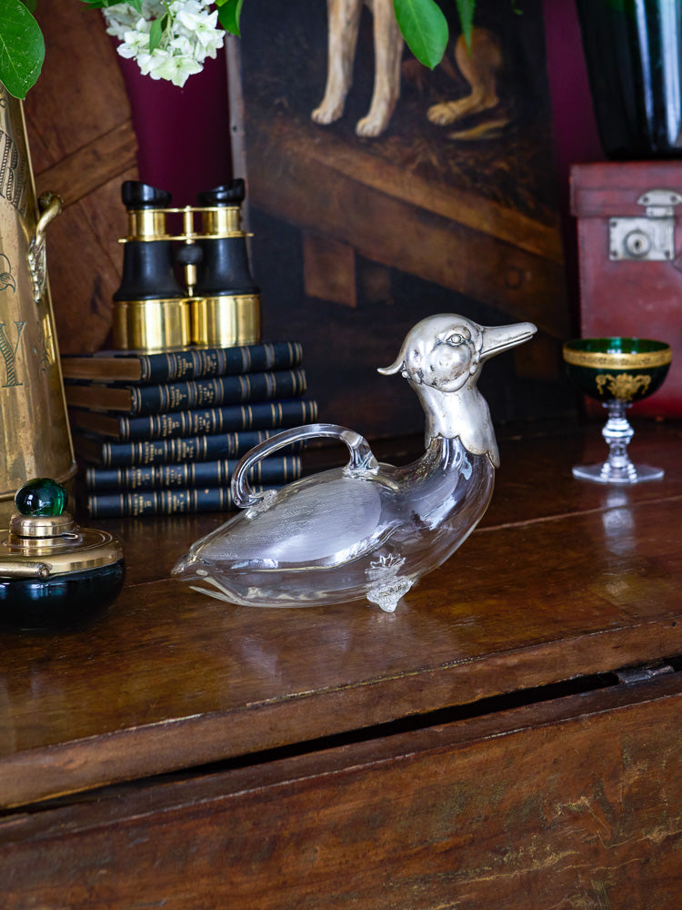 Vintage 19th Century Silver Duck Head Crystal Decanter Weston Table