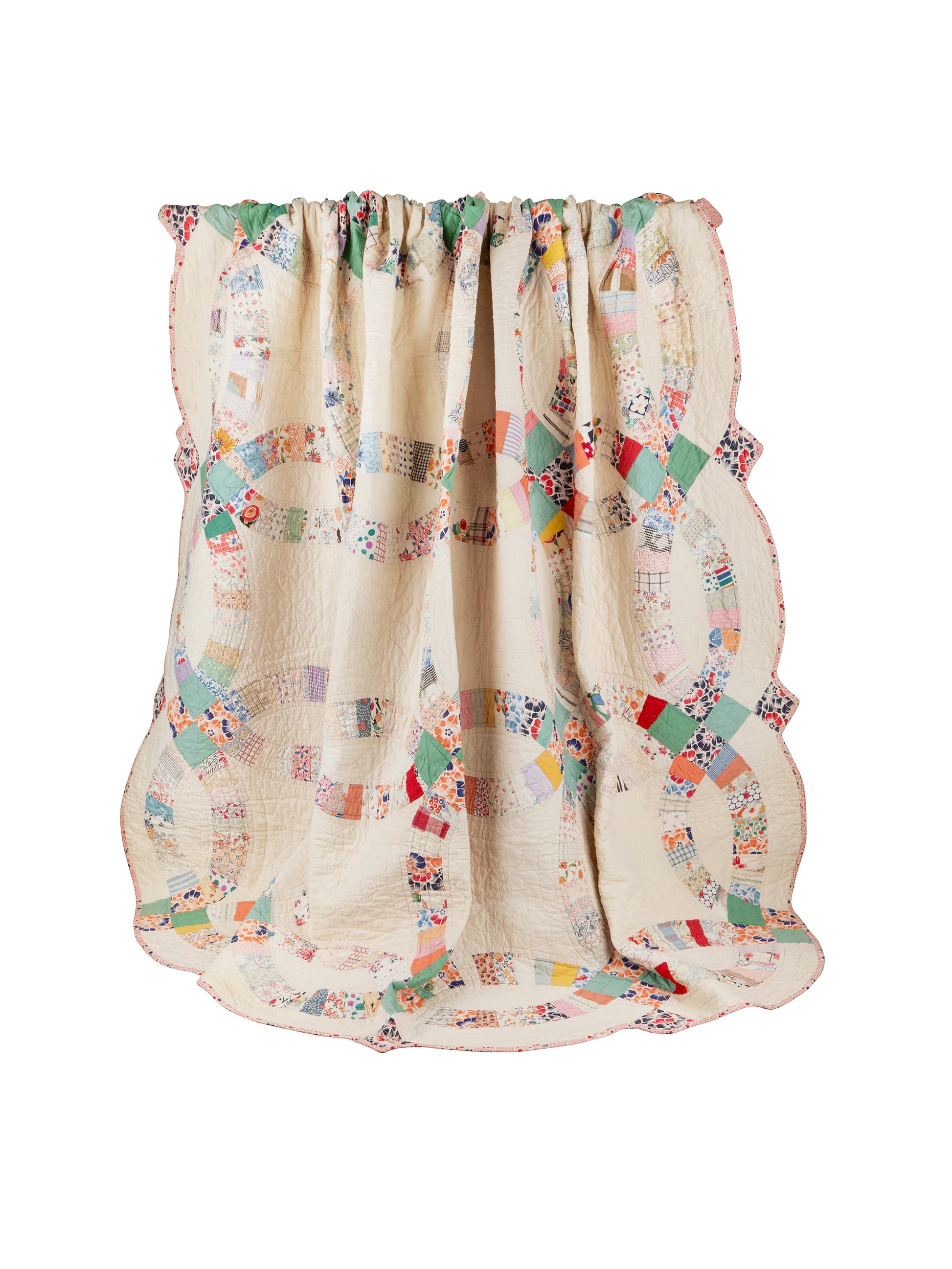 Vintage 1930s American Double Wedding Ring Flour Sack Quilt Weston Table