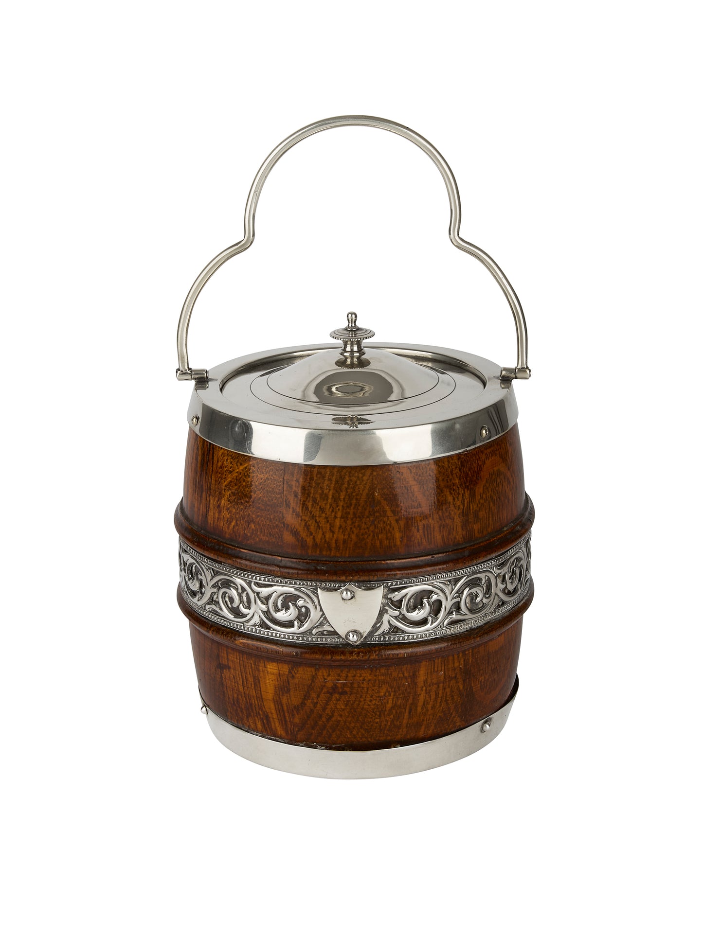 Vintage 1930s English Oak Silver Plate Scrollwork Biscuit Barrel Weston Table