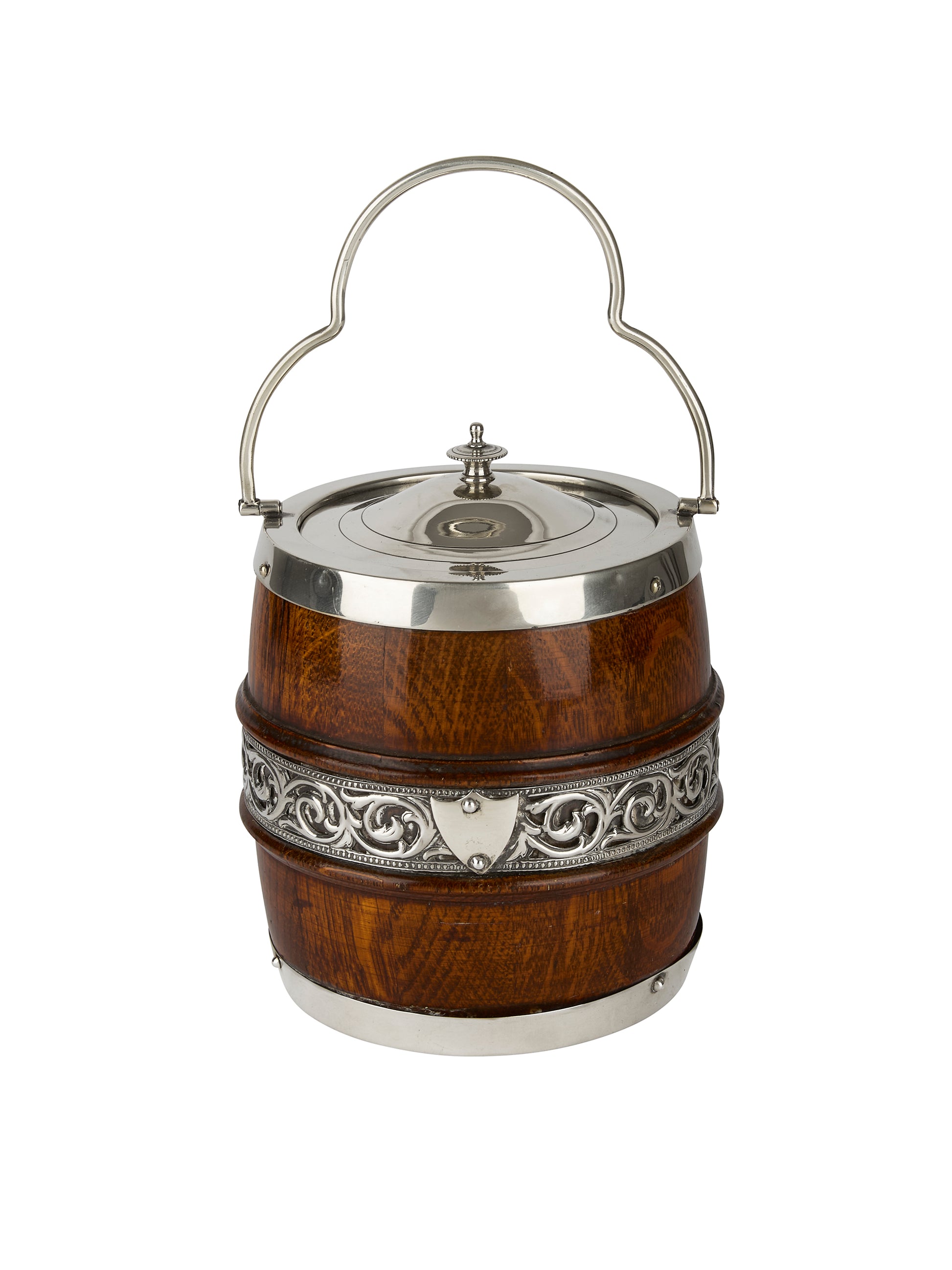 Vintage 1930s English Oak Silver Plate Scrollwork Biscuit Barrel Weston Table