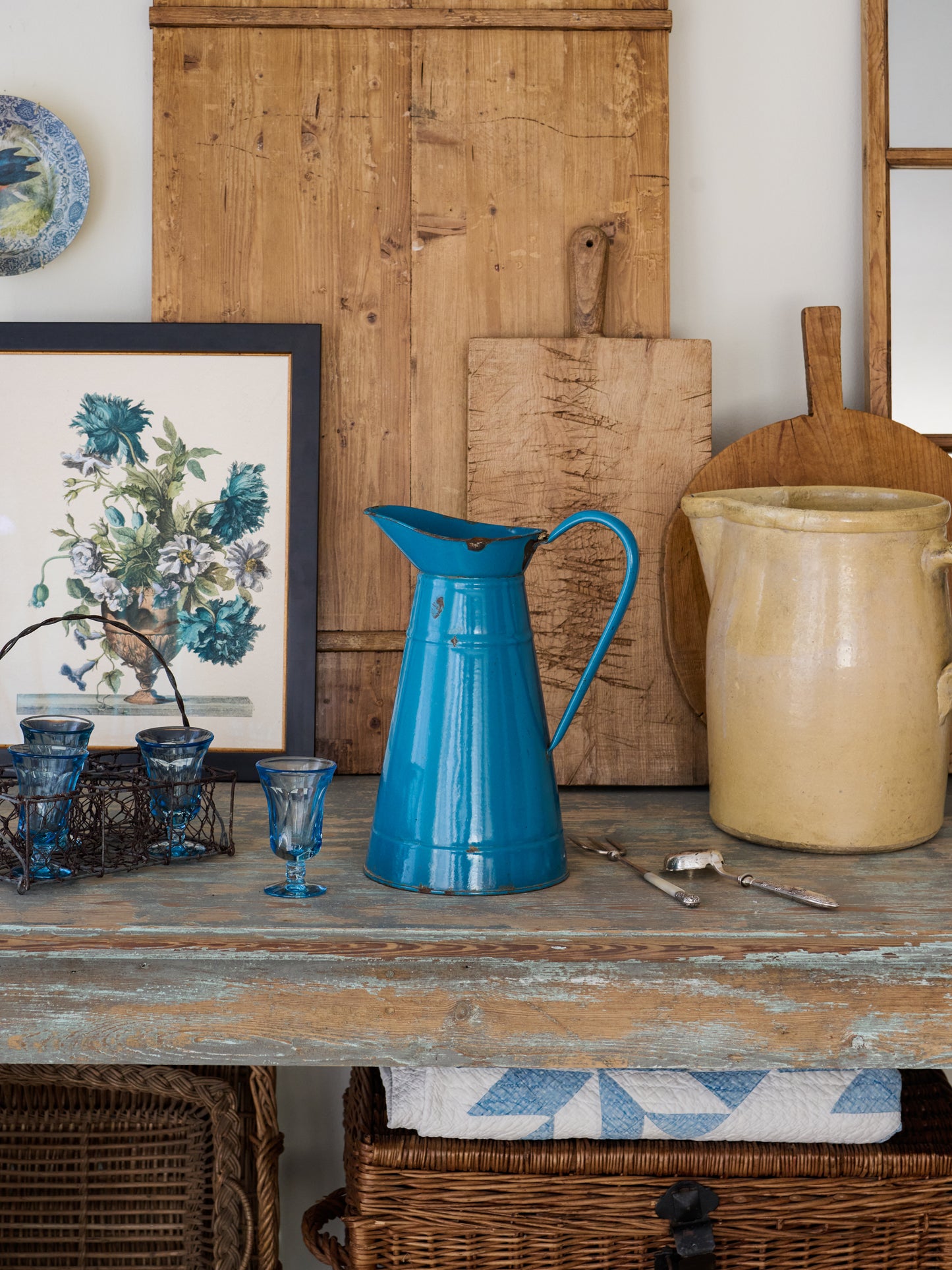 Vintage 1930s French Blue Enamelware Pitcher Weston Table