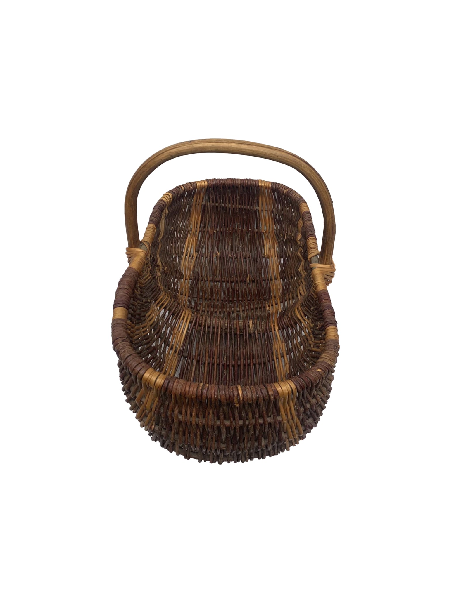 Vintage 1930s Striped Wicker Basket With Wood Handle 