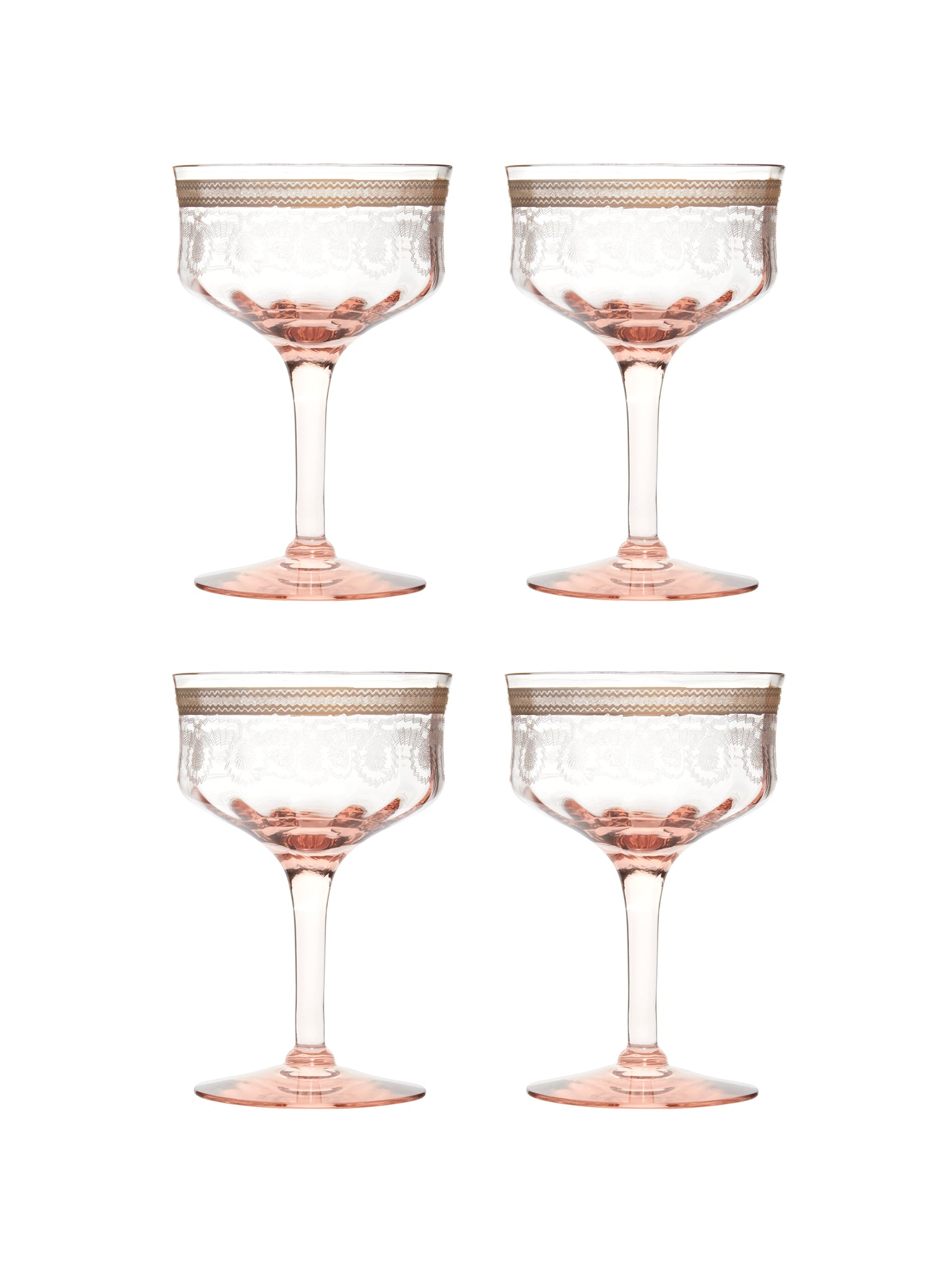 Vintage 1930s Morgantown Pink Needle Etched Coupes Set of Four Weston Table