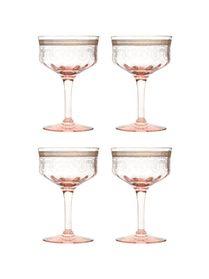  Vintage 1930s Morgantown Pink Needle Etched Coupes Set of Four Weston Table 