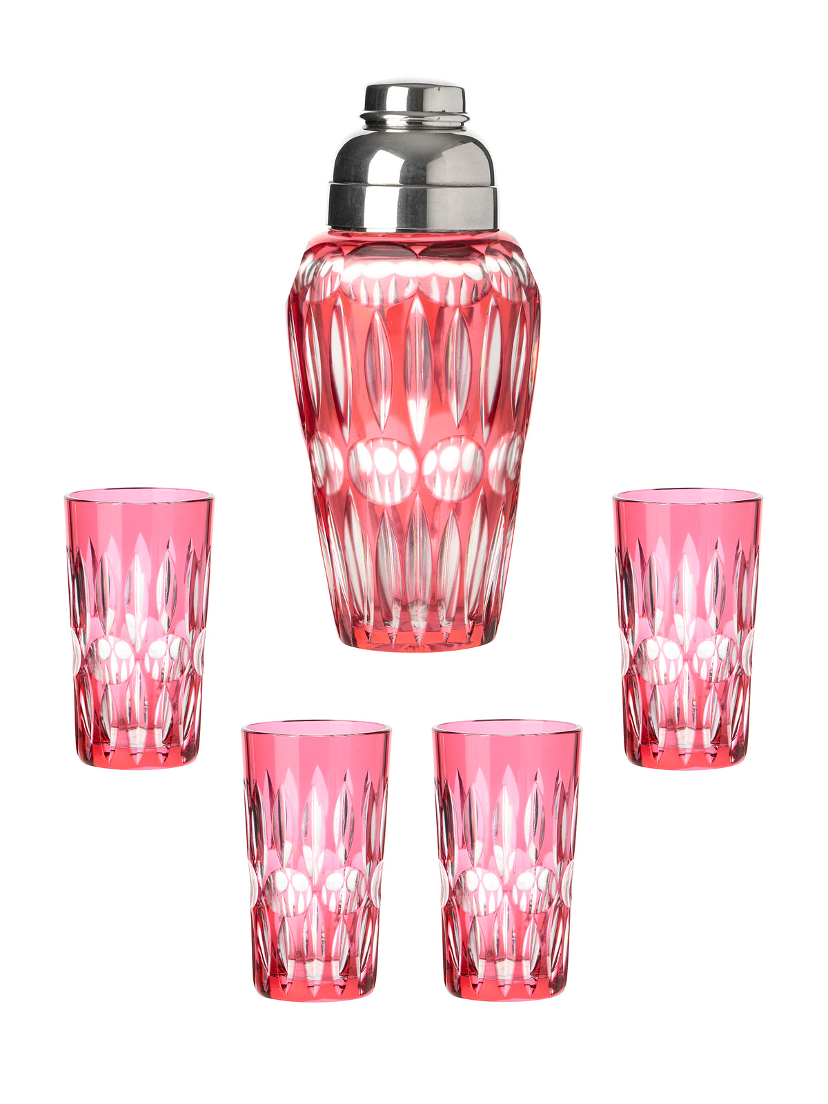 Vintage 1930s Val St. Lambert Ruby Crystal Cocktail Shaker and Glasses Weston Table