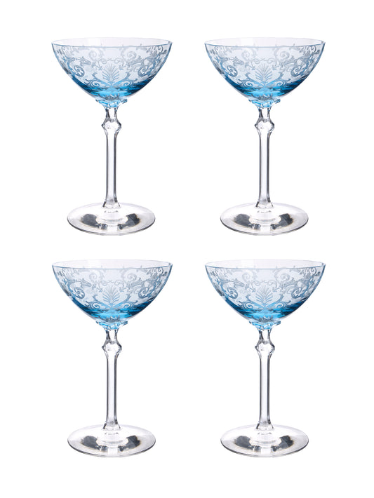 Vintage 1940s Fostoria Versailles Blue Cocktail Coupes Set of Four Weston Table