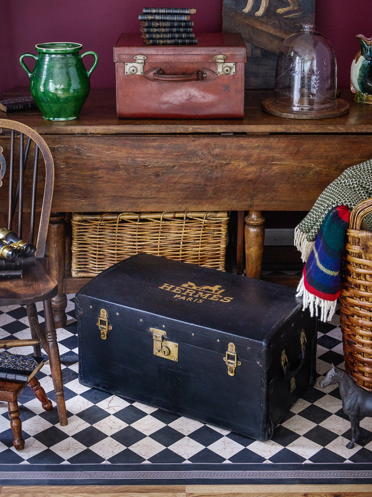 Vintage 1940s French Black Leather Traveler's Trunk Weston Table