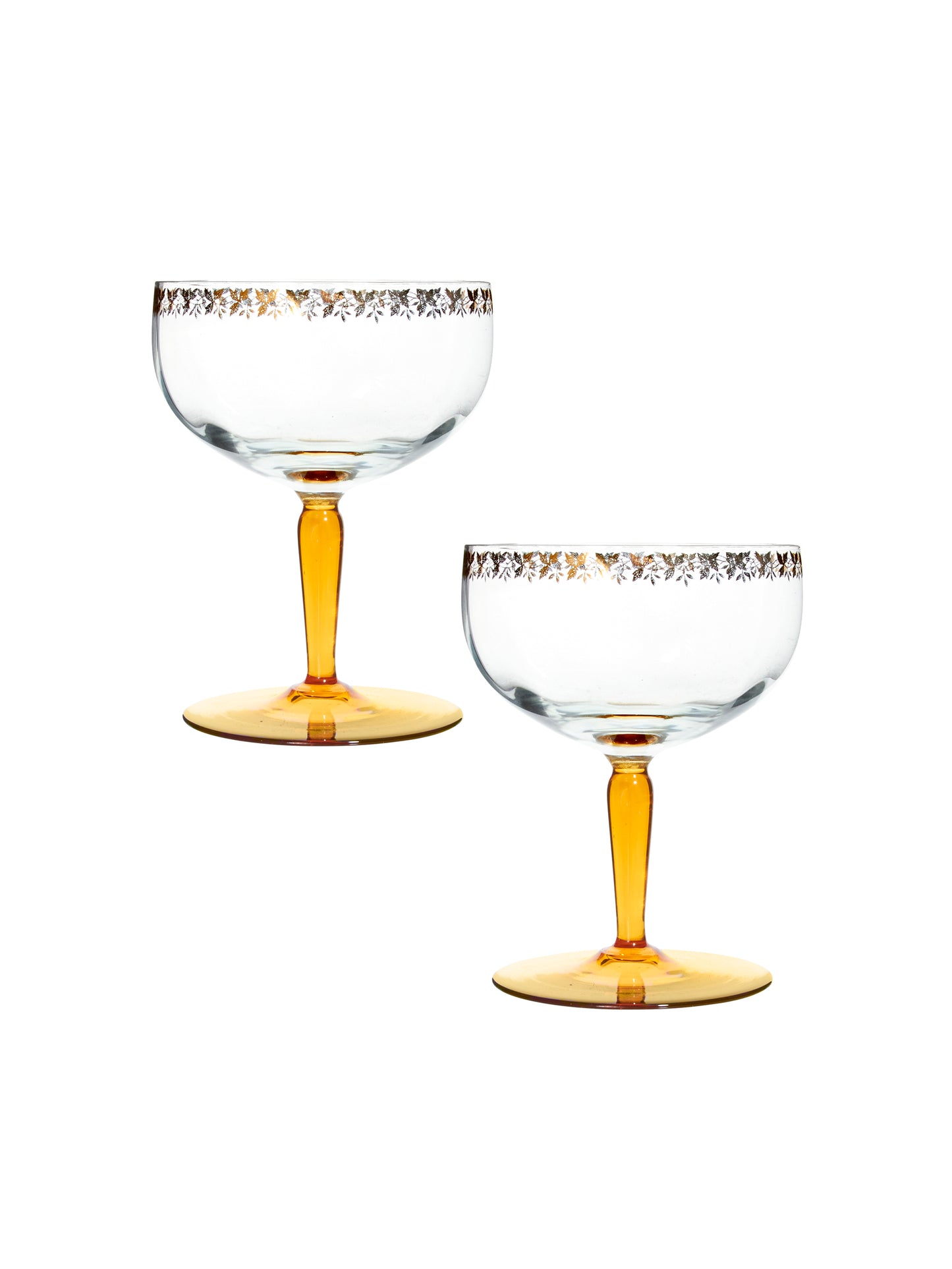 Vintage 1940s Gold Leaf & Amber Stem Cocktail Glasses Set of Two Weston Table