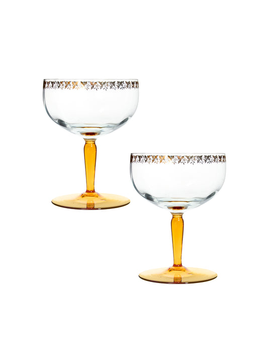 Vintage 1940s Gold Leaf & Amber Stem Cocktail Glasses Set of Two Weston Table