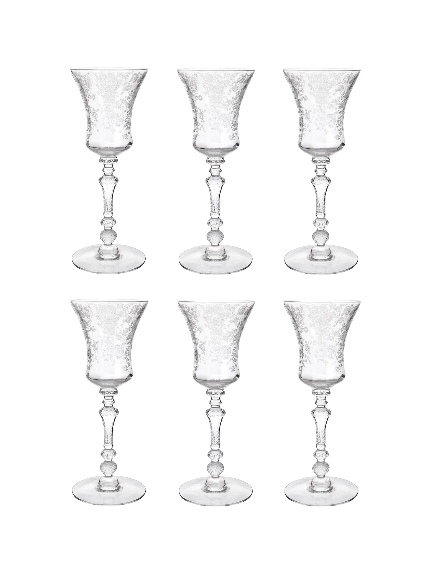 Vintage 1940s Rose Point Cambridge Etched Aperitif Glasses Set of Six Weston Table