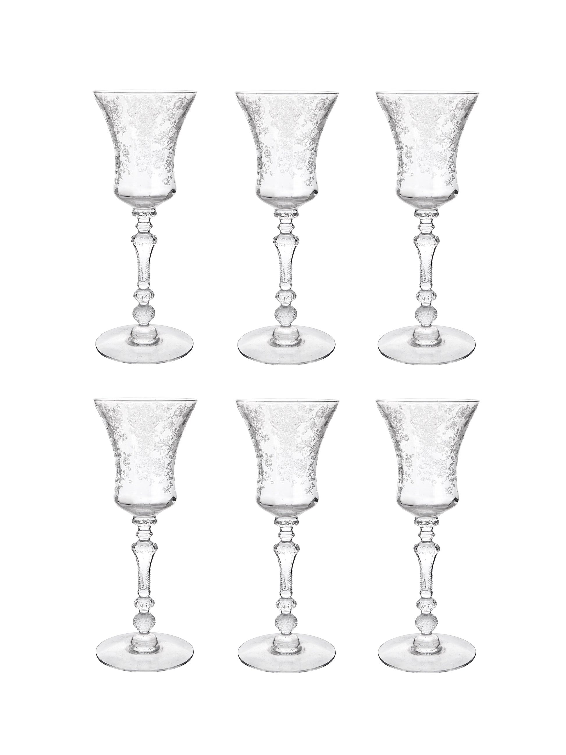 Vintage 1940s Rose Point Cambridge Etched Aperitif Glasses Set of Six Weston Table
