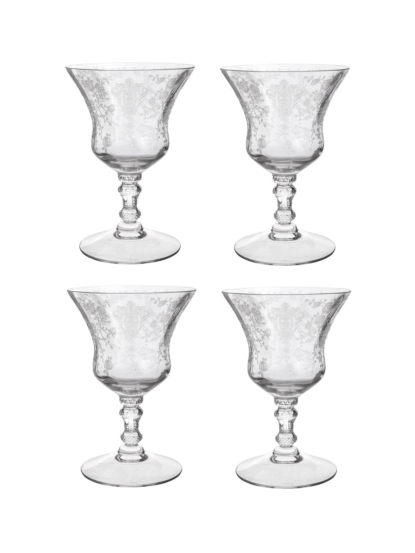 Vintage 1940s Rose Point Cambridge Etched Oyster Glasses Set of Four Weston Table