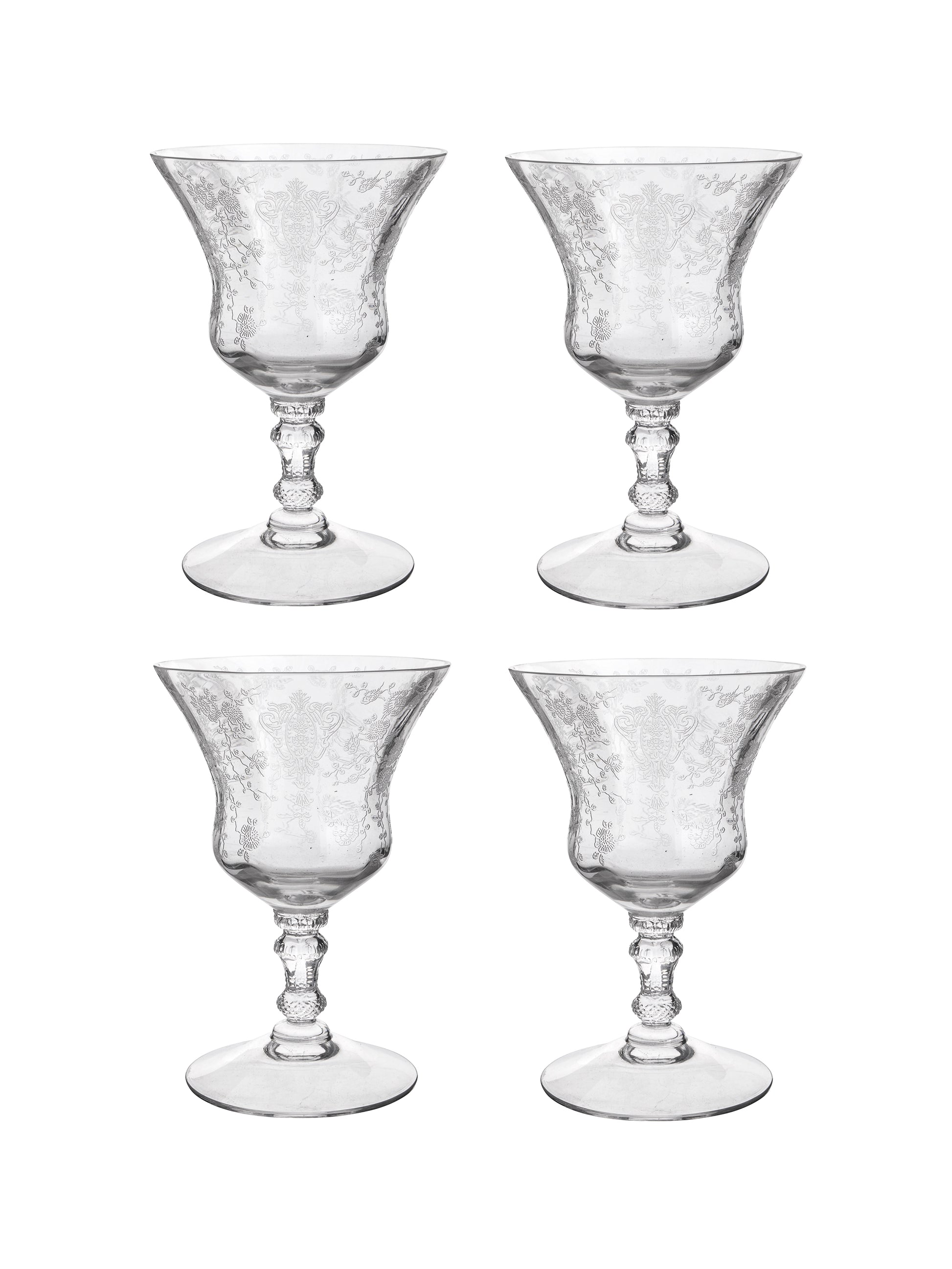 Vintage 1940s Rose Point Cambridge Etched Oyster Glasses Set of Four Weston Table