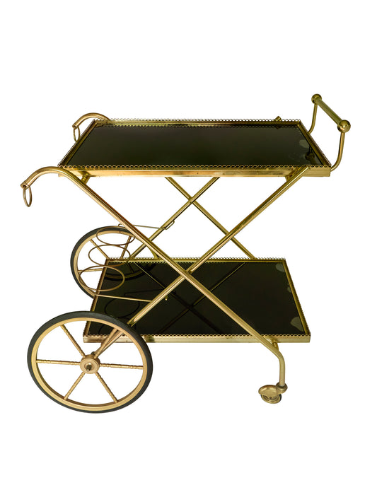 Vintage 1950 Brass Black Topped Bar Cart Weston Table