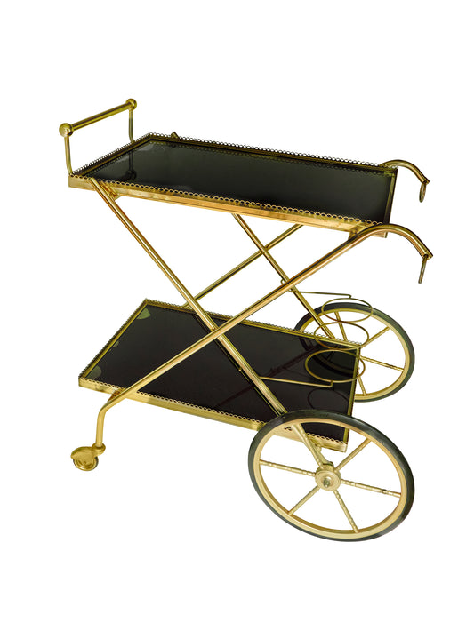 Vintage 1950 Brass Black Topped Bar Cart Weston Table