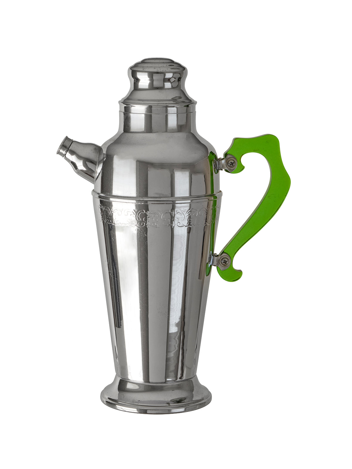 Vintage 1950s Chrome Cocktail Shaker with Vine Etchings Green Bakelite Weston Table