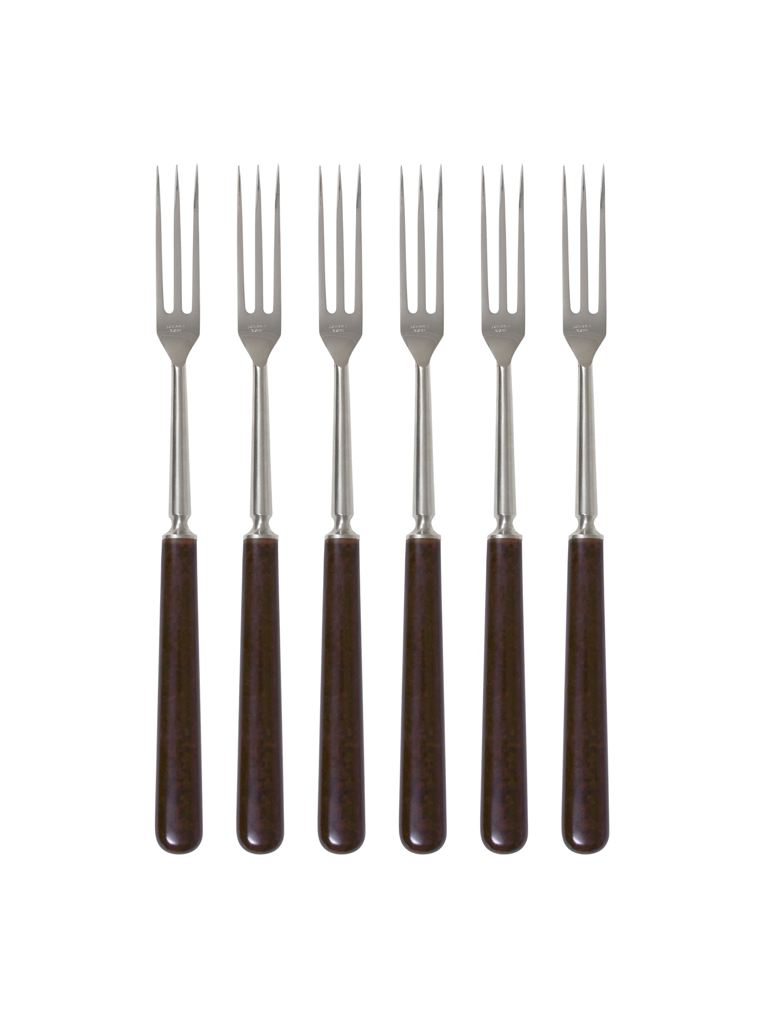 Vintage 1950s French Inox Brown Wood Handled Long Forks Set of Six Weston Table 