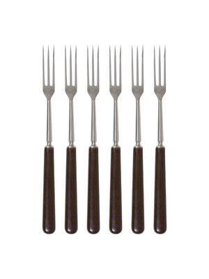  Vintage 1950s French Inox Brown Wood Handled Long Forks Set of Six Weston Table  