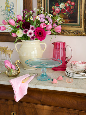  Vintage 1950s Jeanette Harp Glass Ice Blue Cake Stand Weston Table 