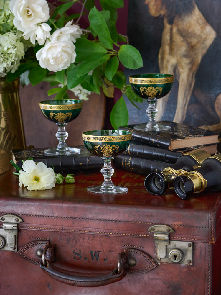 Vintage 1950s Melrose Emerald and Gold Cocktail Coupes Weston Table