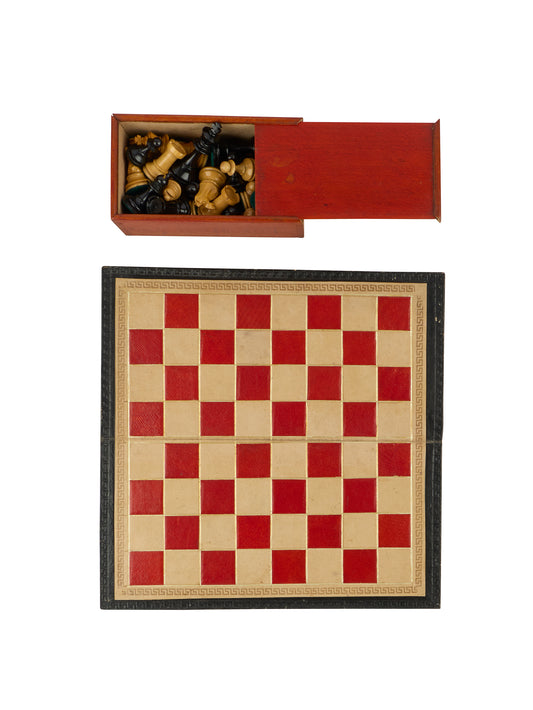 Vintage 1950s Staunton Leather Travel Chess Set Weston Table