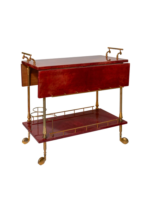 Vintage 1960s Aldo Tura Red Lacquered Goatskin Bar Cart Weston Table