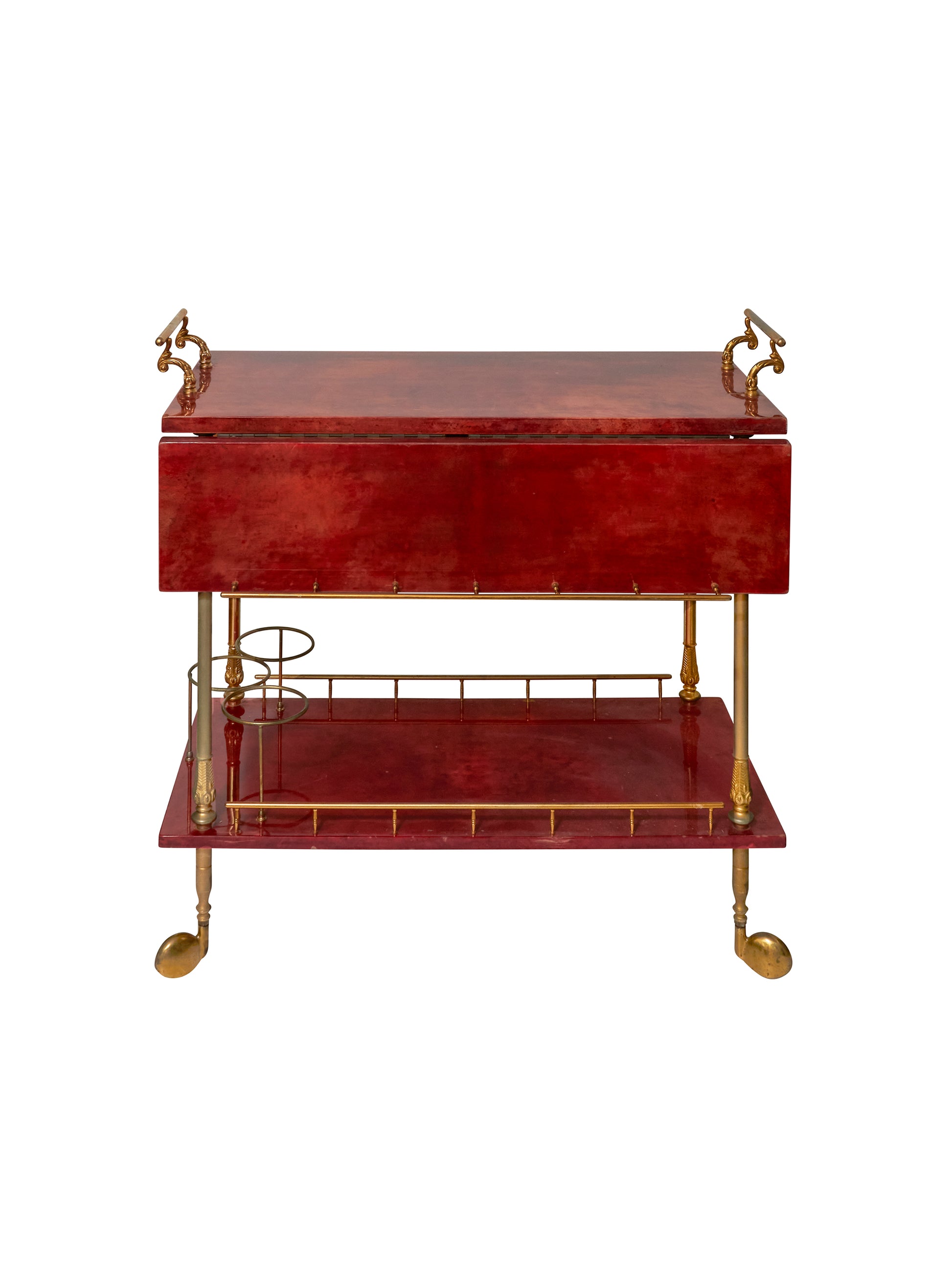 Vintage 1960s Aldo Tura Red Lacquered Goatskin Bar Cart Weston Table