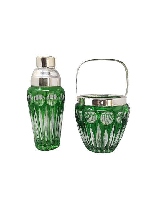 Vintage 1960s Bohemian Cut Crystal Cocktail Shaker and Ice Bucket Weston Table