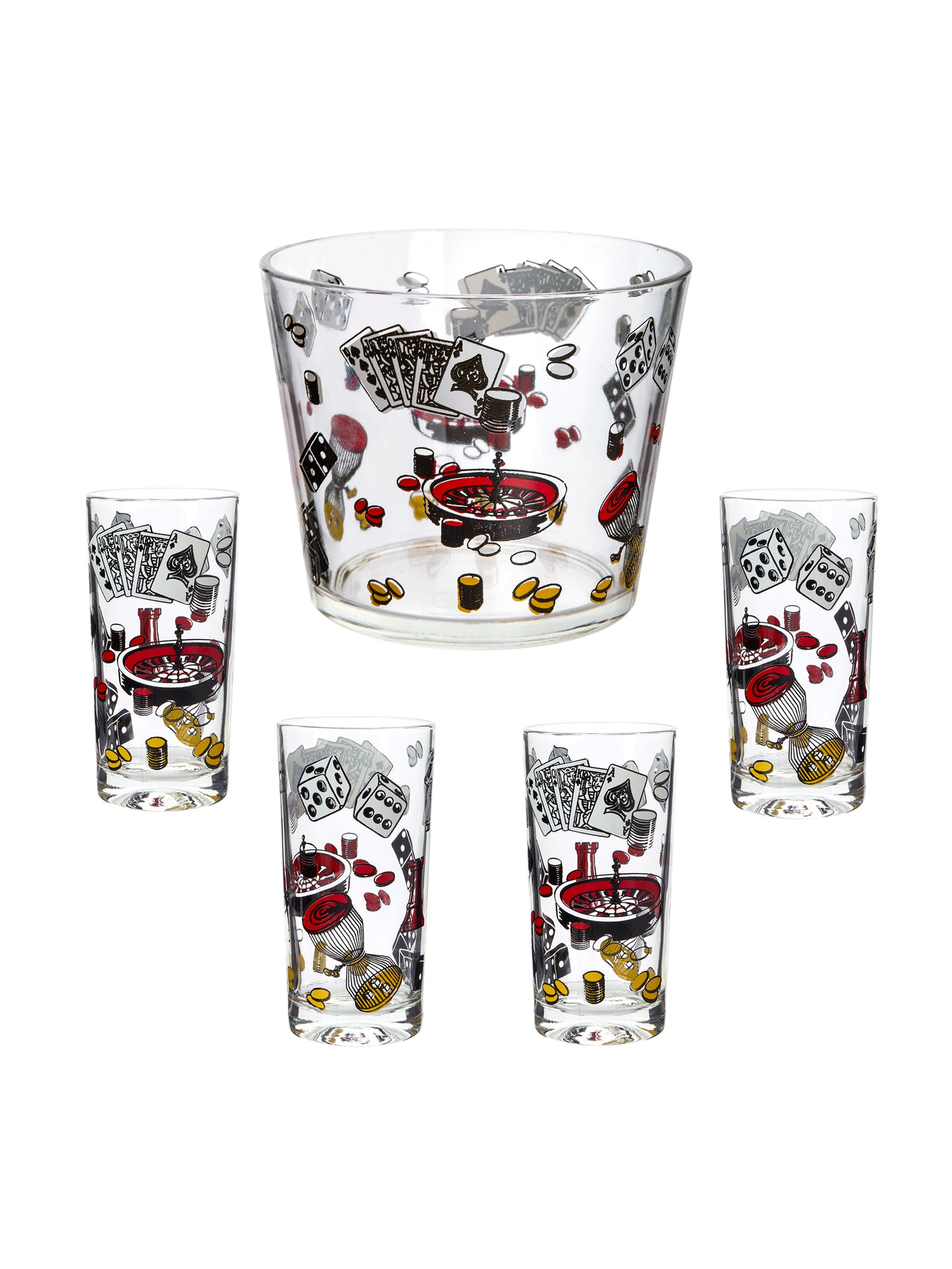 Vintage 1960s Casino Game Night Ice Bucket and High Ball Glasses Weston Table