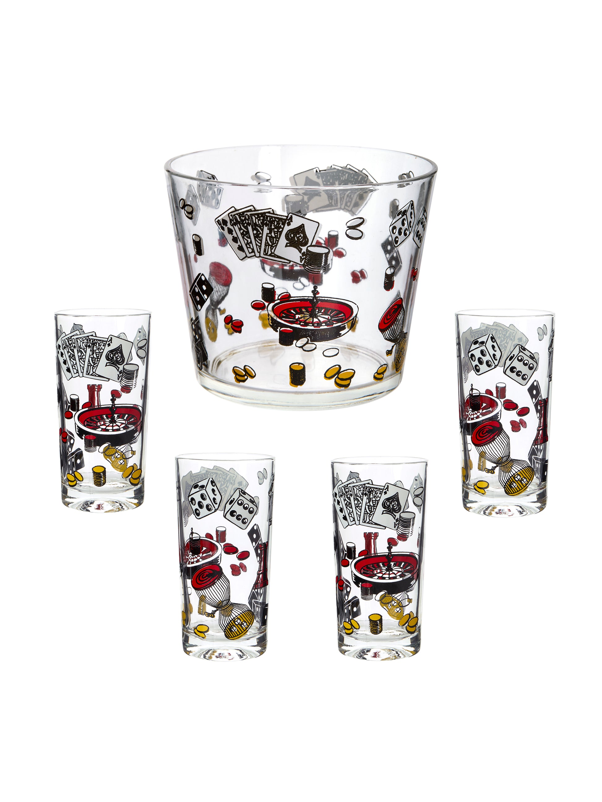 Vintage 1960s Casino Game Night Ice Bucket and High Ball Glasses Weston Table