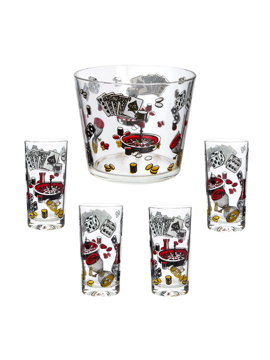 Vintage 1960s Casino Game Night Ice Bucket and High Ball Glasses Weston Table
