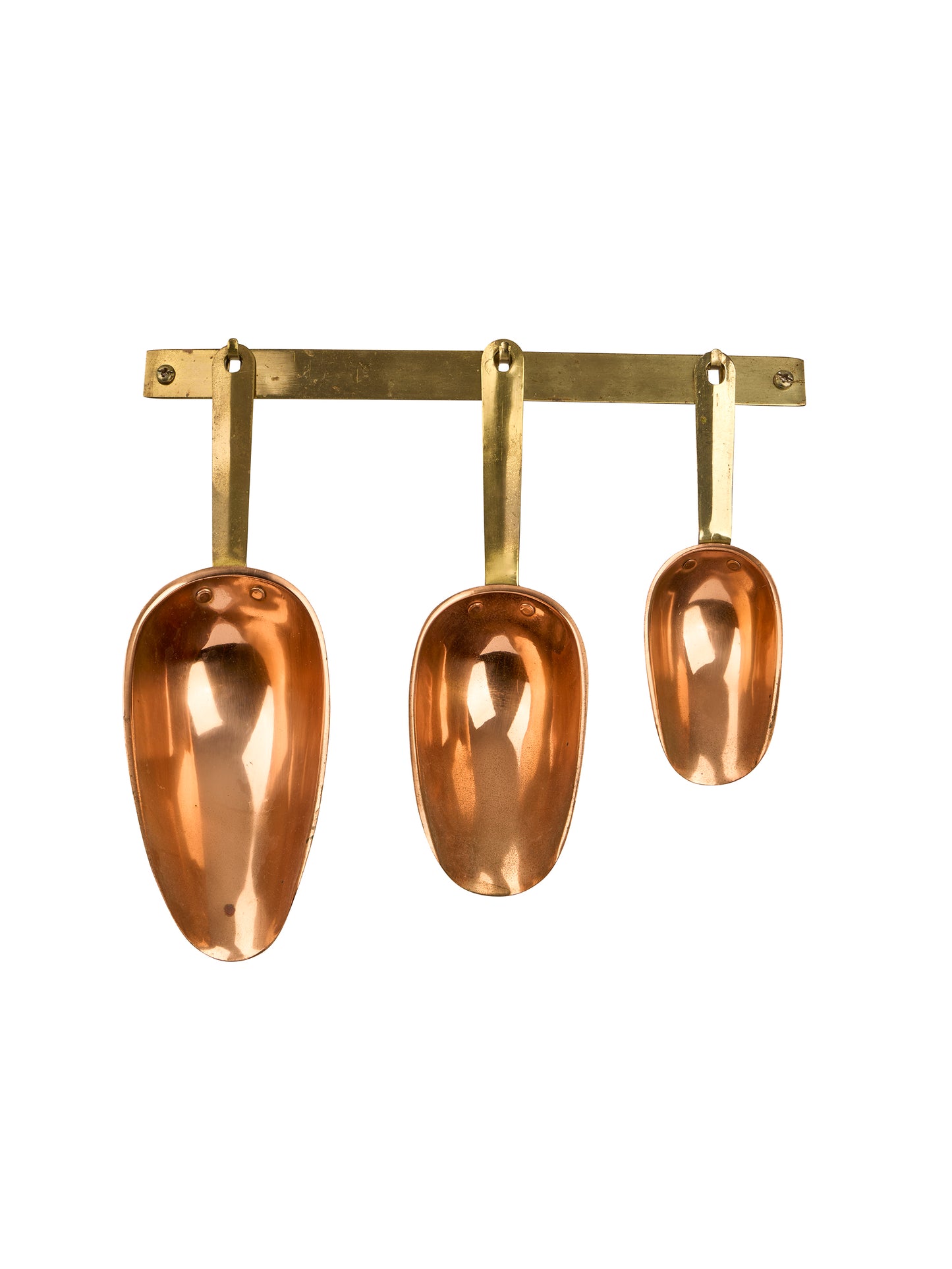 Vintage 1960s Copper and Brass Scoops with Hanging Rack Weston Table