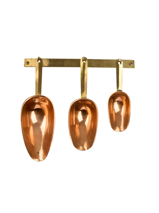 Vintage 1960s Copper and Brass Scoops with Hanging Rack Weston Table