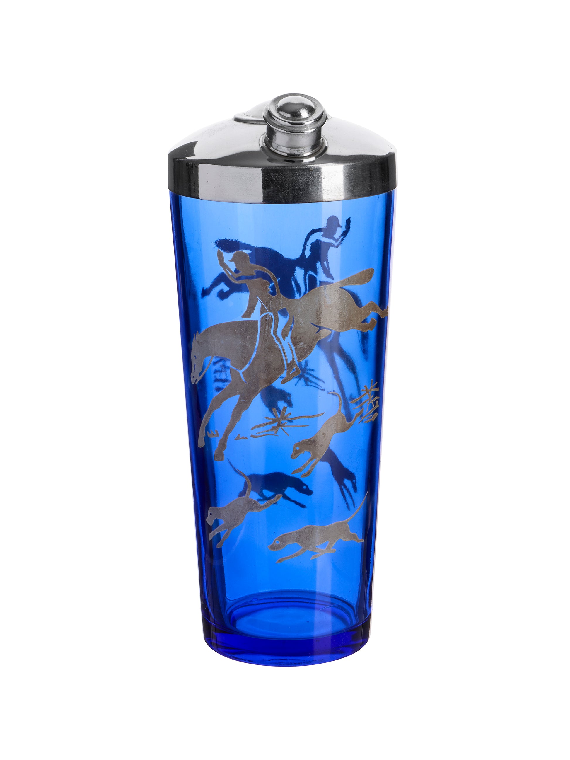 Vintage 1960s Equestrian Cobalt Cocktail Shaker with Silver Overlay Weston Table