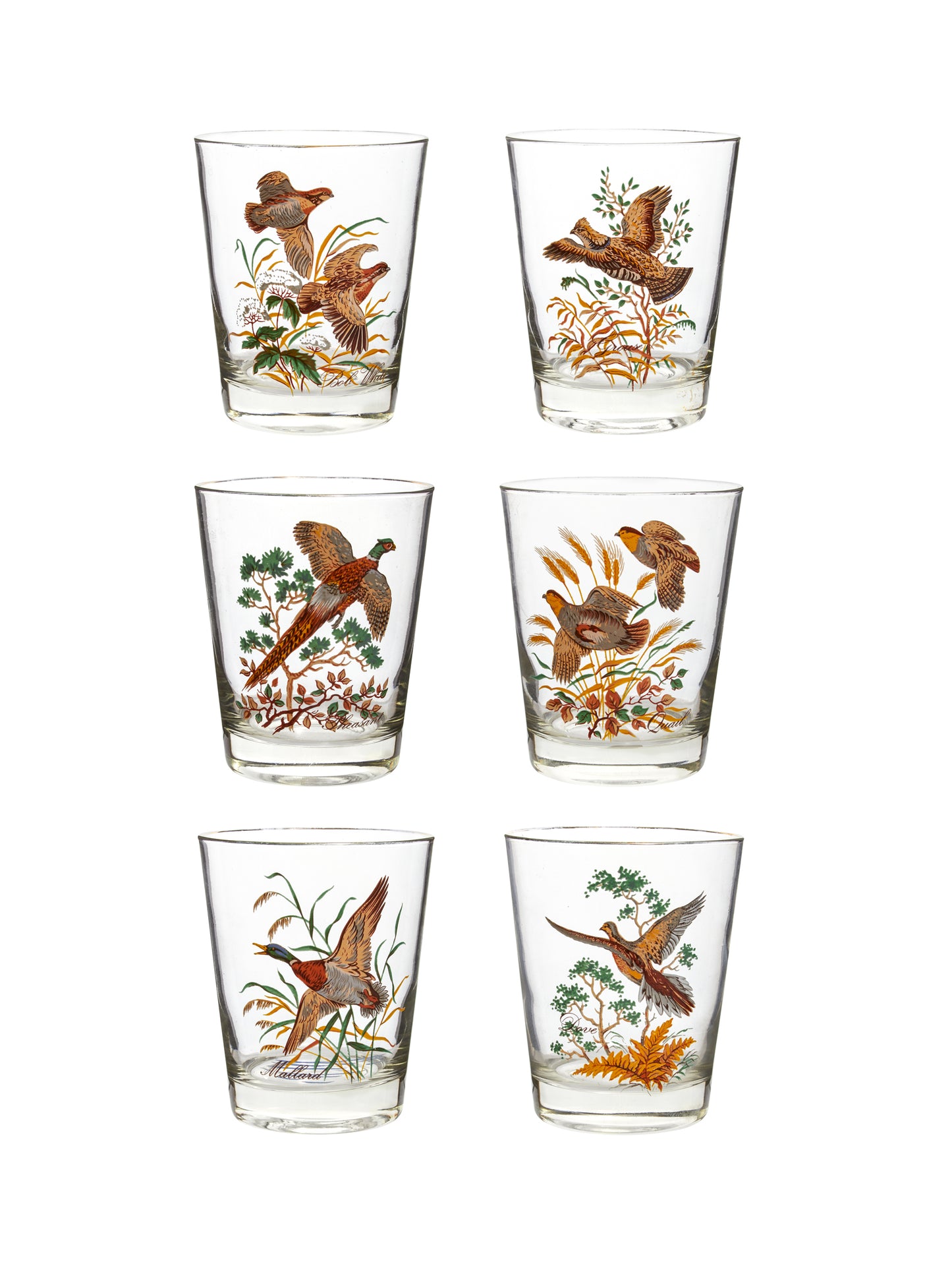 Vintage 1960s Game Bird Double Old Fashioned Glasses Set of Six Weston Table