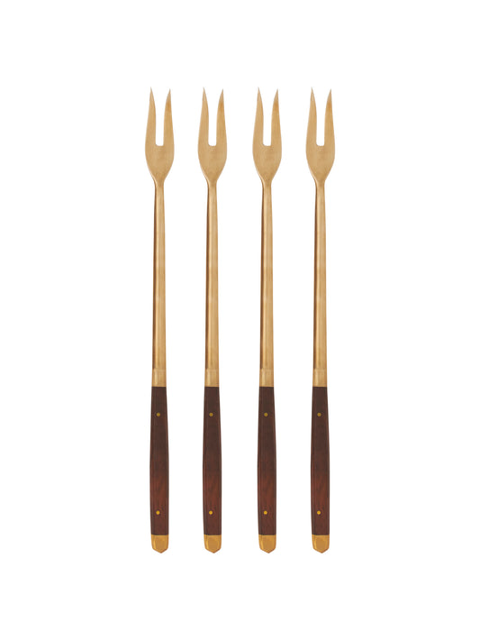 Vintage 1960s Wood and Brass Fondue Forks Set of Four Weston Table