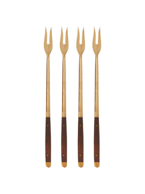  Vintage 1960s Wood and Brass Fondue Forks Set of Four Weston Table 