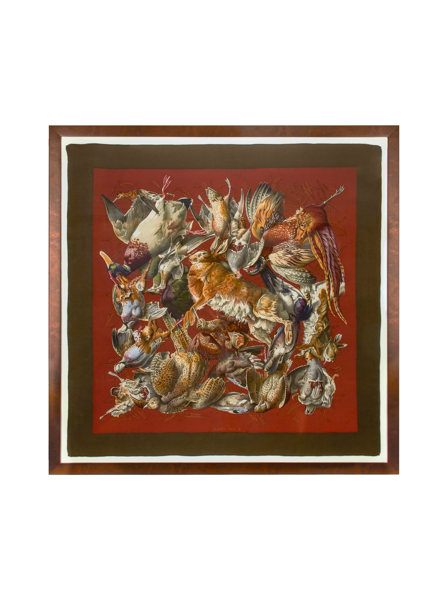 Vintage 1966 Hermes Henri de Linares Gibiers Rabbit & Bird Hunting Motif Framed Silk Scarf Weston Table