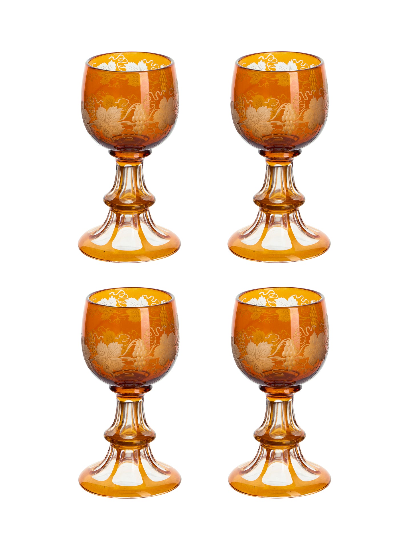 Vintage 19th Century Amber French Etched Trumpet Glasses Set of Four Weston Table