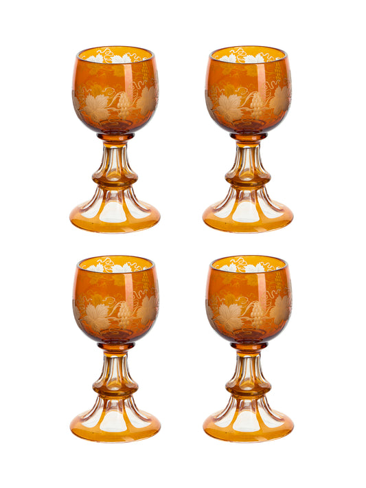Vintage 19th Century Amber French Etched Trumpet Glasses Set of Four Weston Table