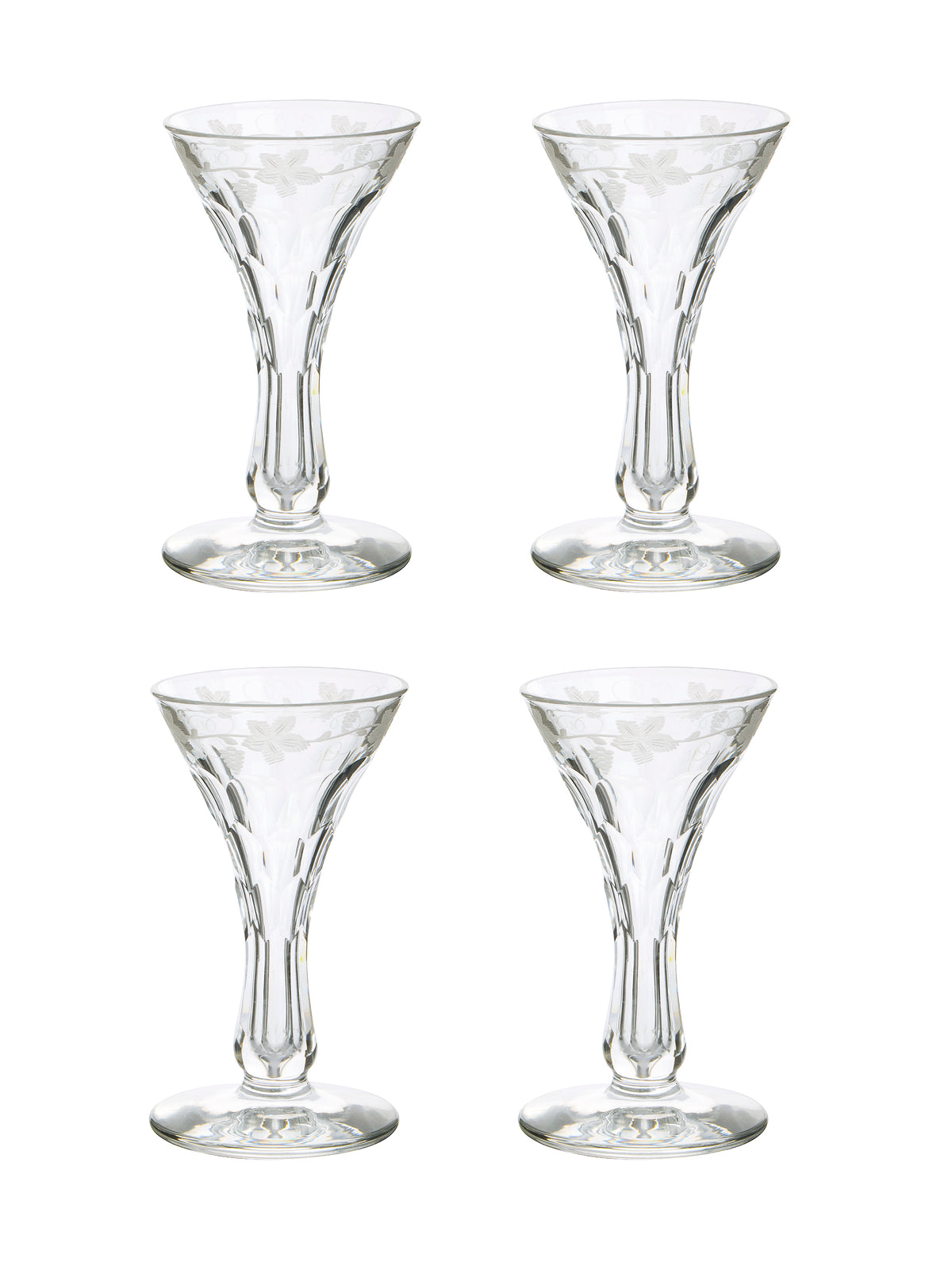 Vintage 19th Century English Engraved Crystal Liqueur Glasses Set of Four Weston Table