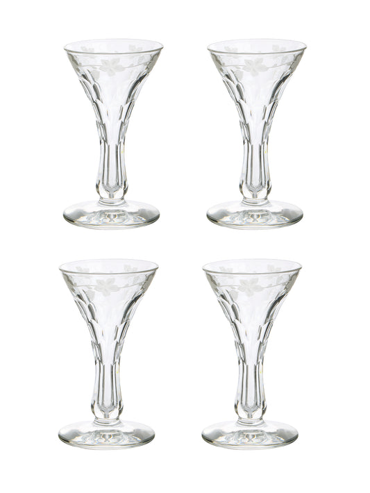 Vintage 19th Century English Engraved Crystal Liqueur Glasses Set of Four Weston Table