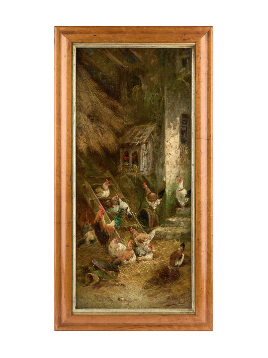 Vintage 19th Century Farmyard Oil Painting on Wood Panel Weston Table